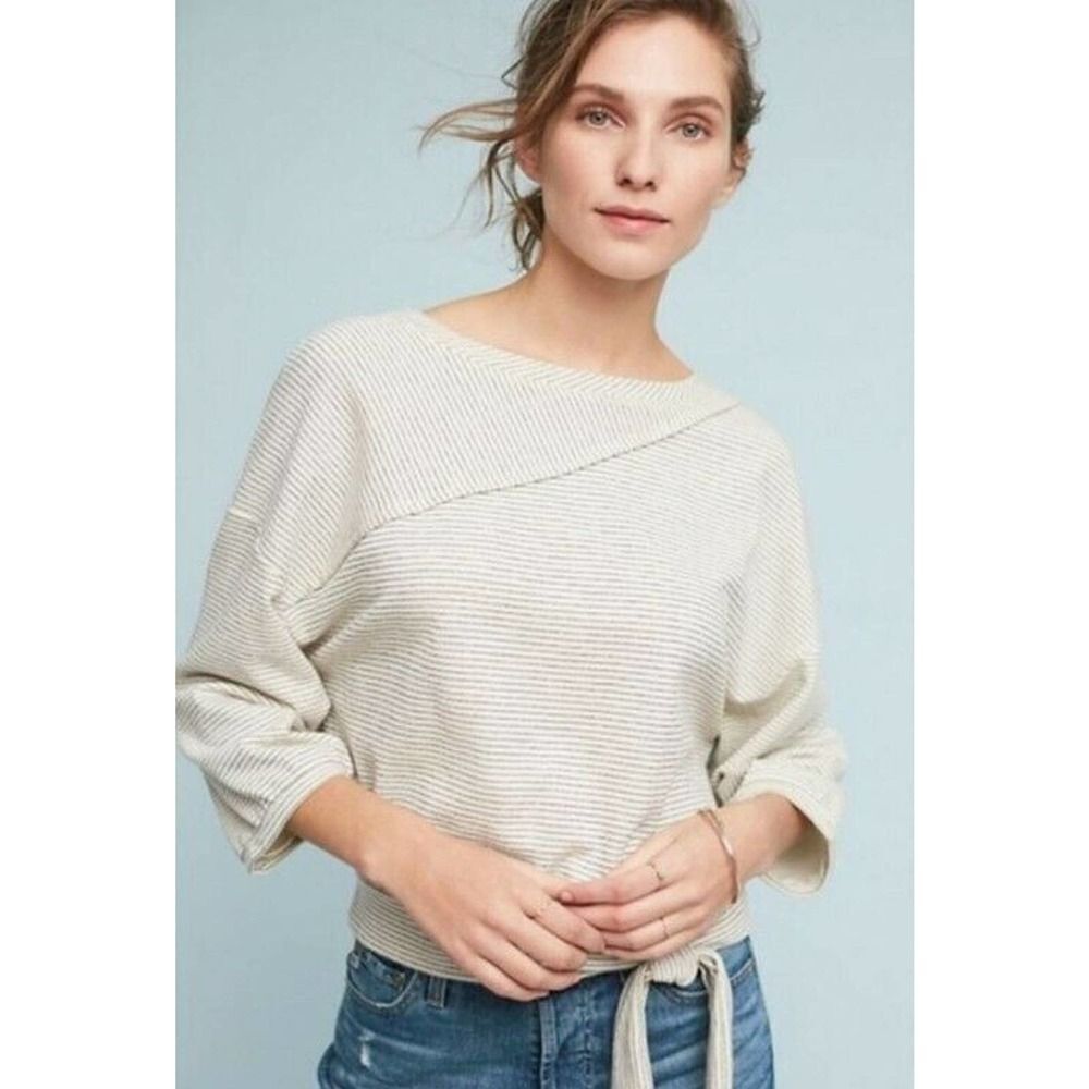Anthropologie Postmark Bianca Striped Sweatshirt Size Small Balloon Sleeve Tie